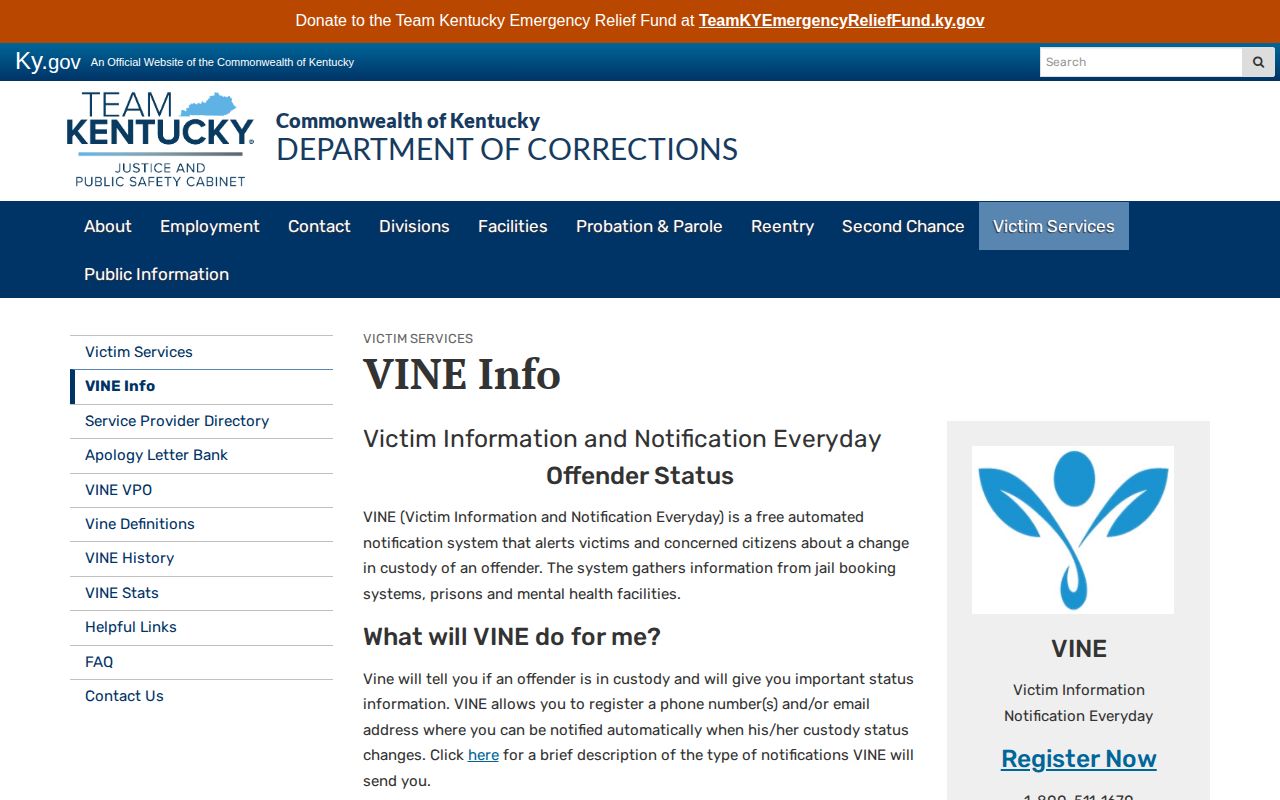 Kentucky VINE custody alert information for Butler County records