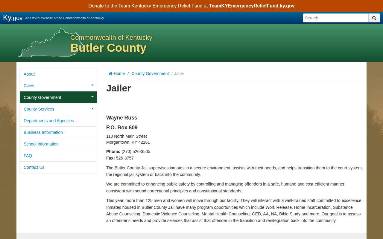 Butler County Jail official record and roster contact page